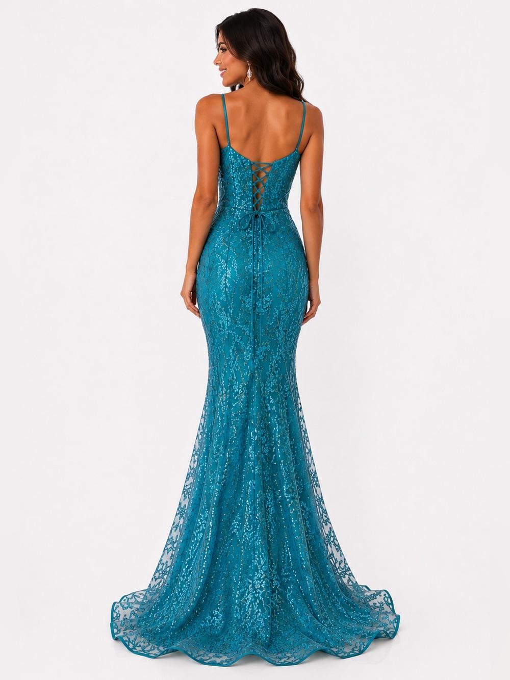 Aqua Sequin Mermaid Gown Size 6 Corset Back Formal Prom Wedding Guest Dress - Picture 3 of 6